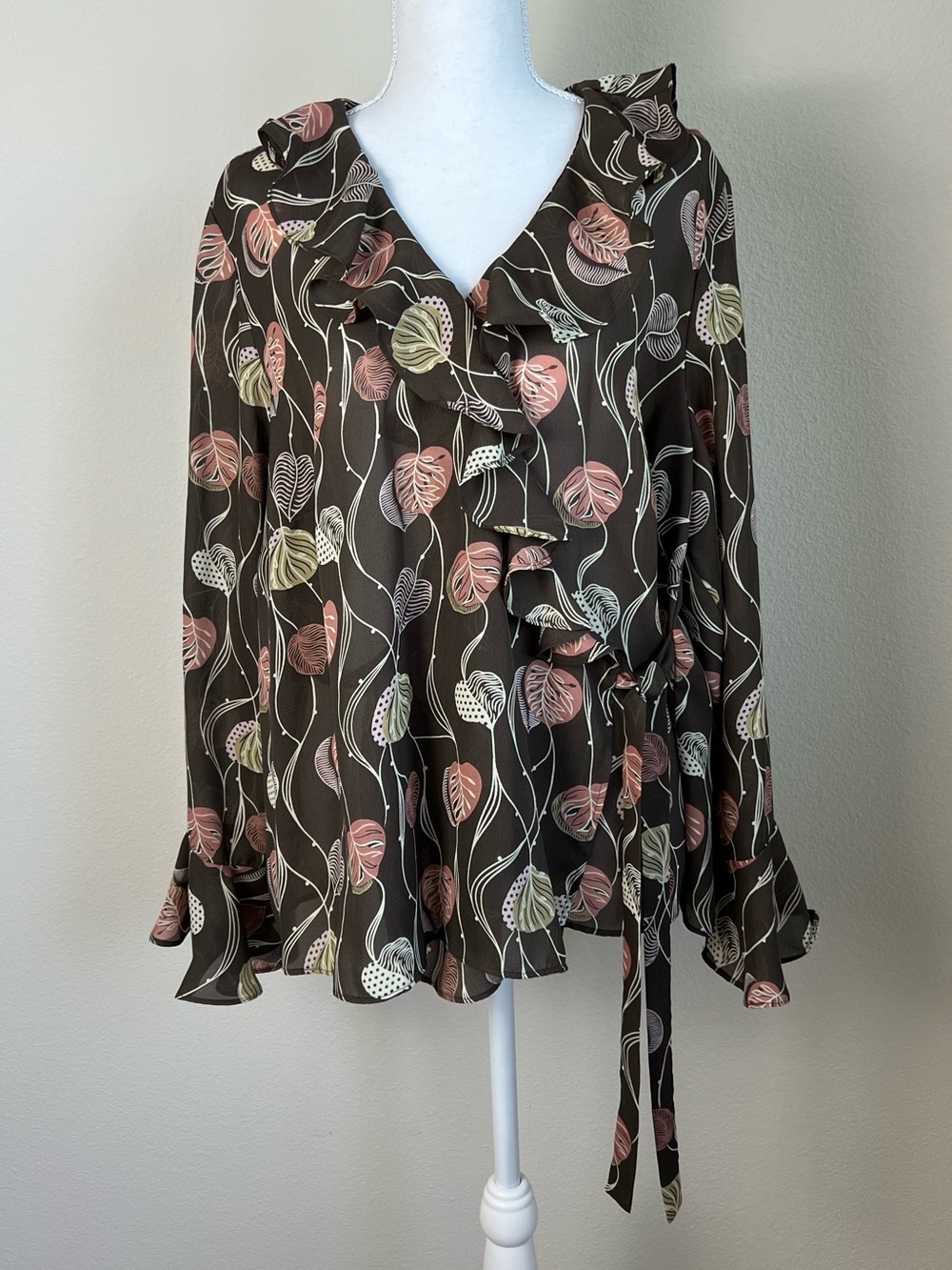 Lane Bryant Floral Ruffle Wrap Blouse Bell Sleeve Boho Sheer Cottagecore XXL